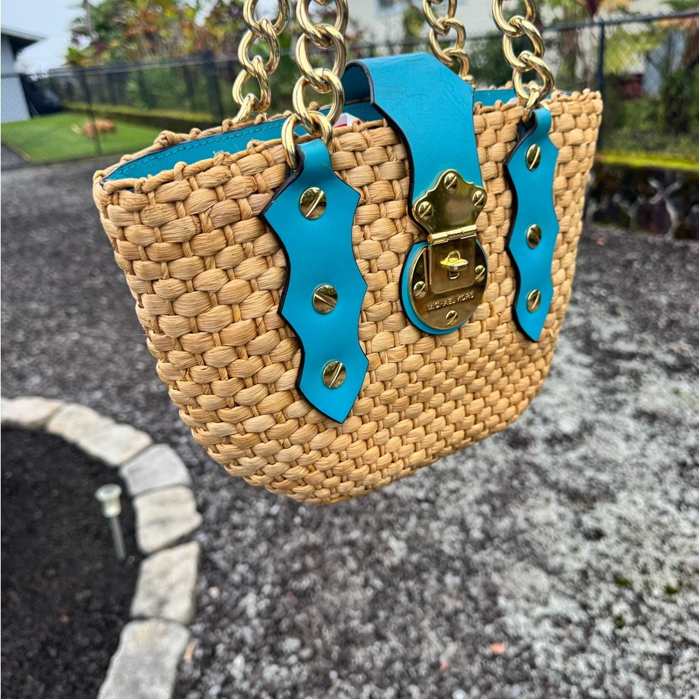 Michael Kors Straw Woven Tote Bag Turquoise Leather Gold Chain Small Summer Bag - Picture 4 of 14